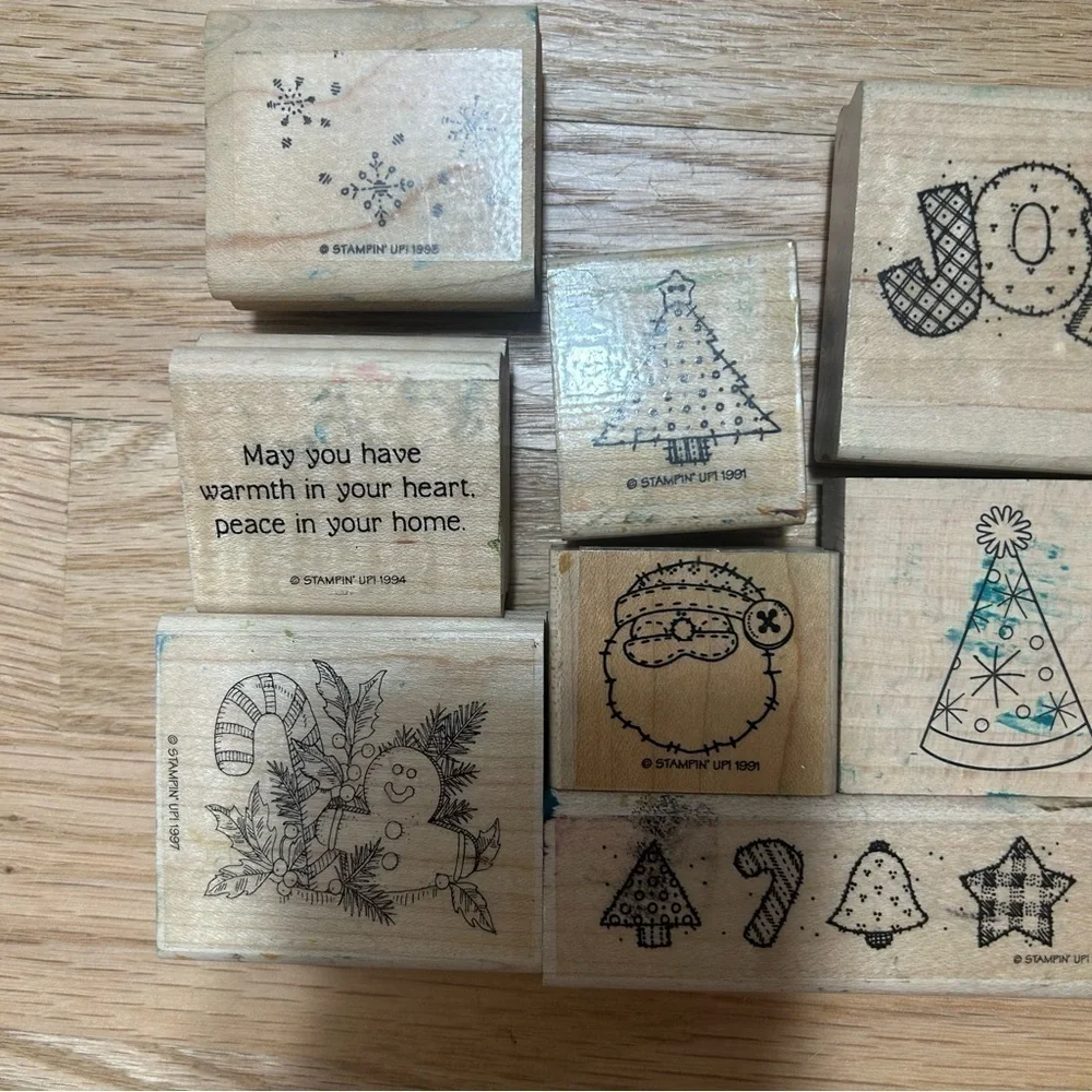 Vintage Christmas Wood Block Stamp Bundle Collection Set Santa Tree Joy
